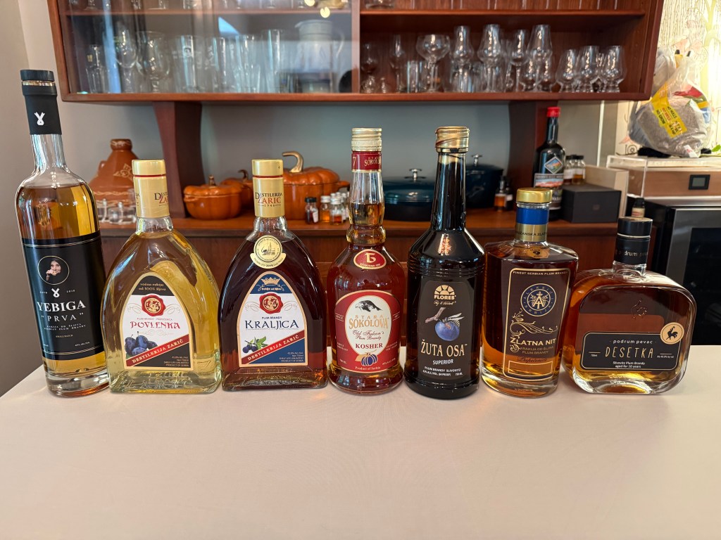 Seven Serbian oak-aged plum brandies&nbsp;(rakija)